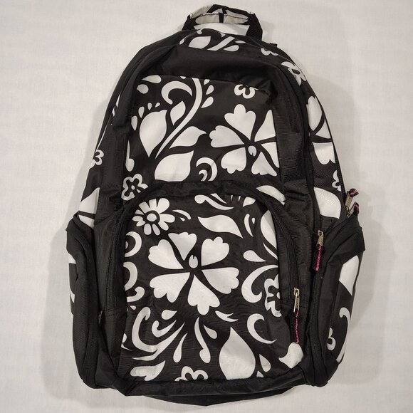 ES Handbags - EastSport Black White Floral Backpack Multiple Compartments Adjustable Straps